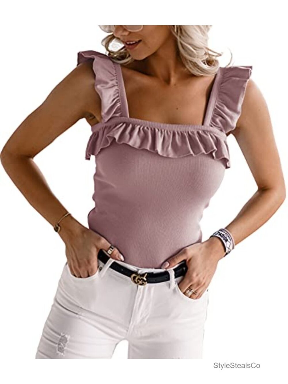 Ruffle Strap Tank Top Sleeveless Square Neck Knitted Camisole Womens